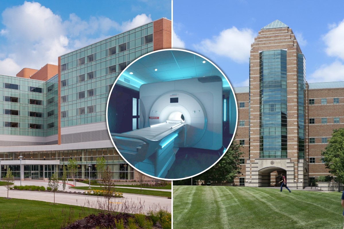 Carle Foundation Hospital and the Beckman Institute with an MRI superimposed on top